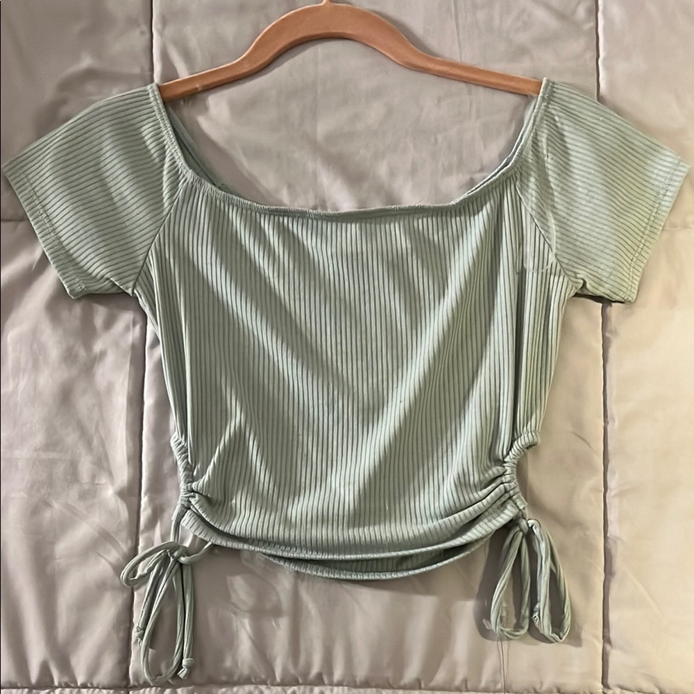 Green Ribbed Crop Top with Side Cut-Outs and Rouching